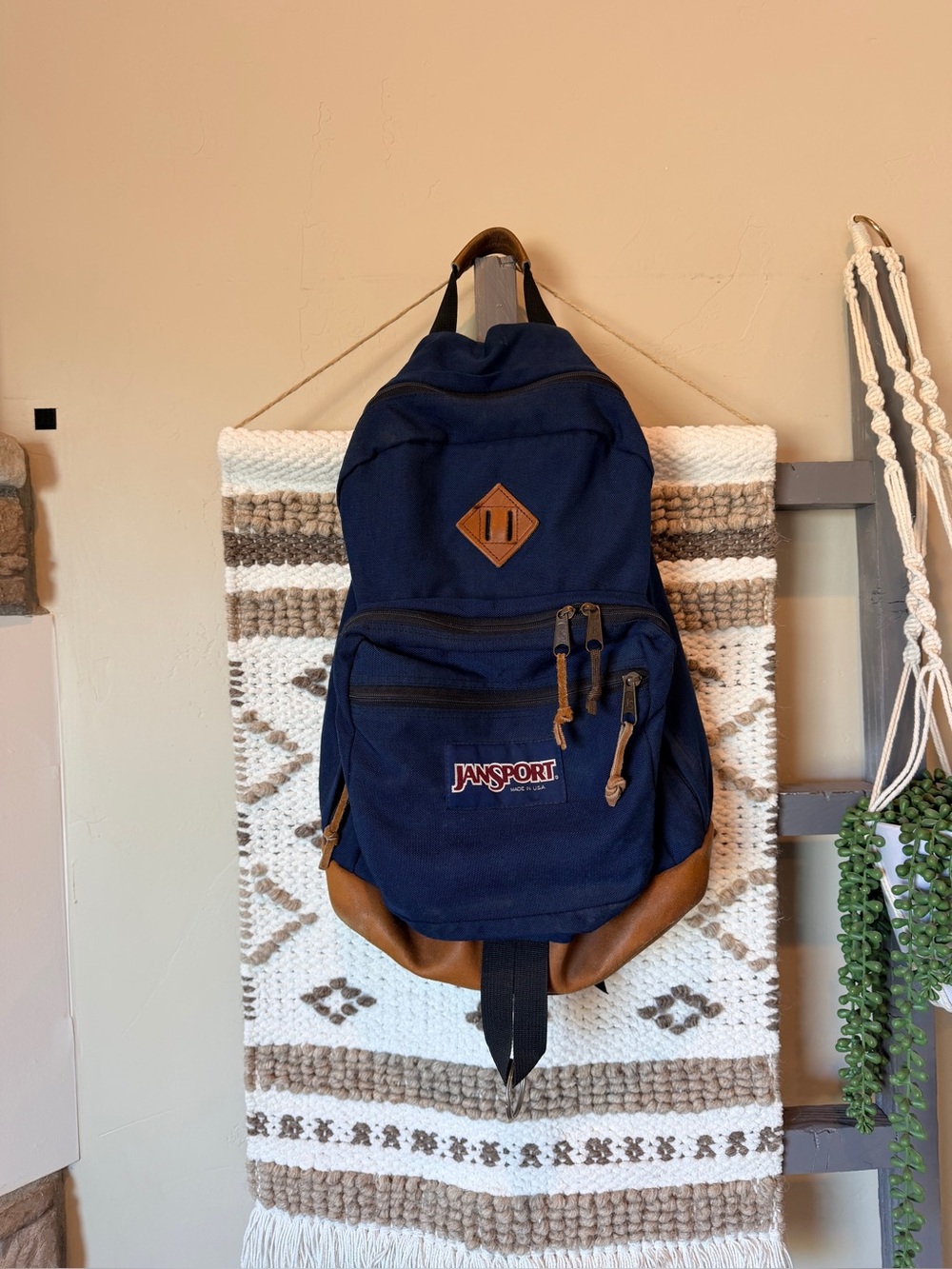 Vintage JanSport Backpack Navy Blue Leather Bottom Made in USA Rare Style